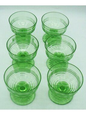 Vintage Uranium Glass Ribbed Banded Footed Sherbet Cups Set of 6